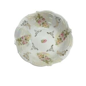 Elegant FP Bavaria Antique Hand Painted Porcelain Bowl Pearl Luster, Pink Roses‎